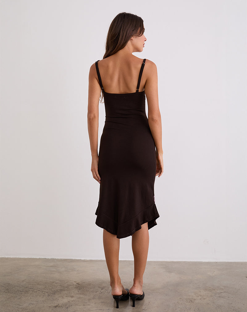 Image of Quelin Midi Dress in Chocolate Brown with Rose Embroidery