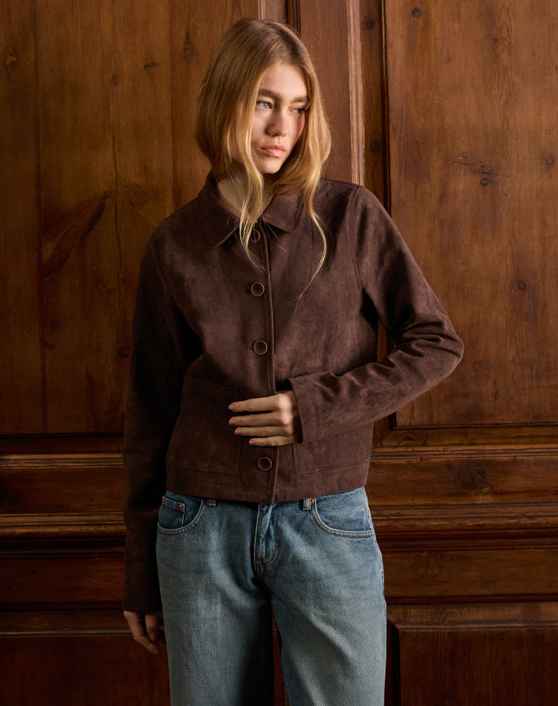 Image of Quincy Faux Suede Cropped Jacket in Brown