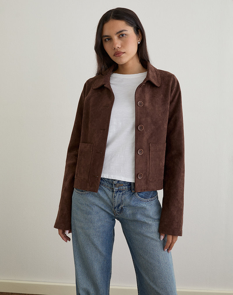 Image of Quincy Faux Suede Cropped Jacket in Brown