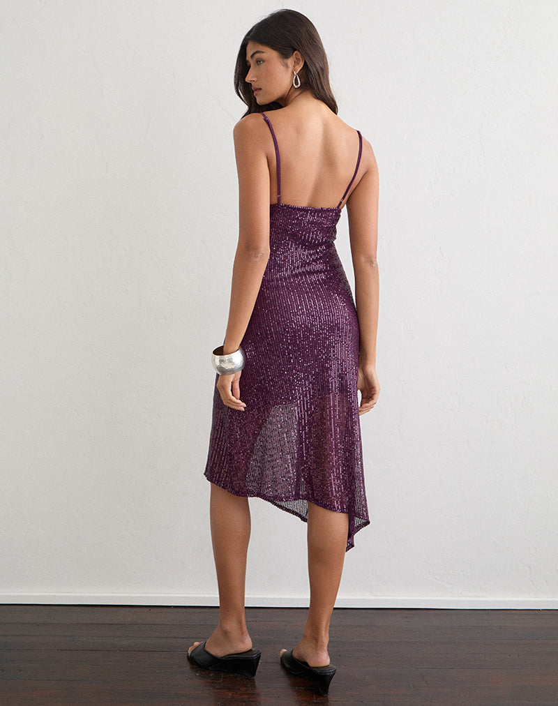 Image of Quinn Asymmetric Midi Dress in Sequin Deep Purple