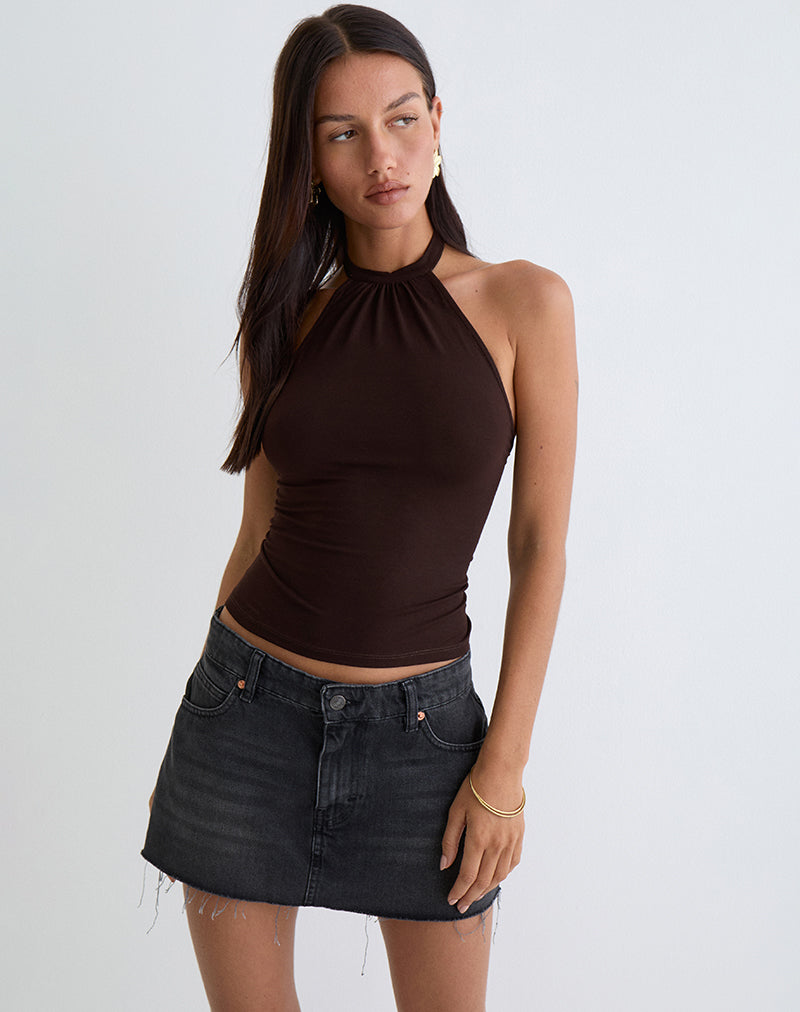 Image of Raceline Halterneck Top in Rayon Jersey Chocolate Brown
