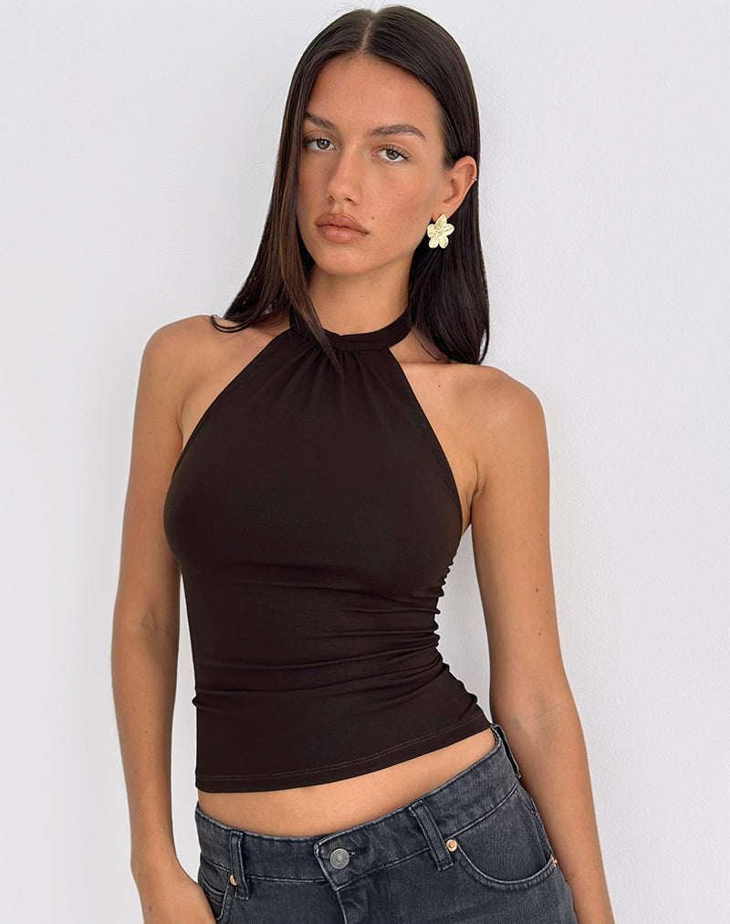 Image of Raceline Halterneck Top in Rayon Jersey Chocolate Brown