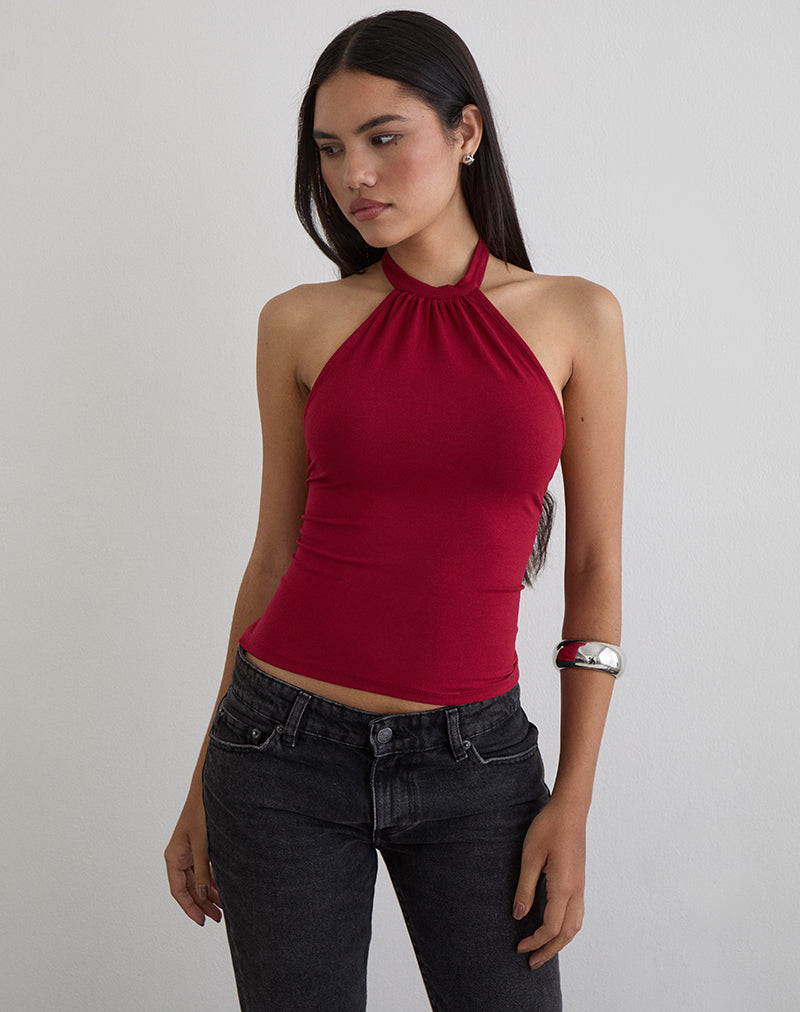 Image of Raceline Halterneck Top in Rayon Jersey Adrenaline Red