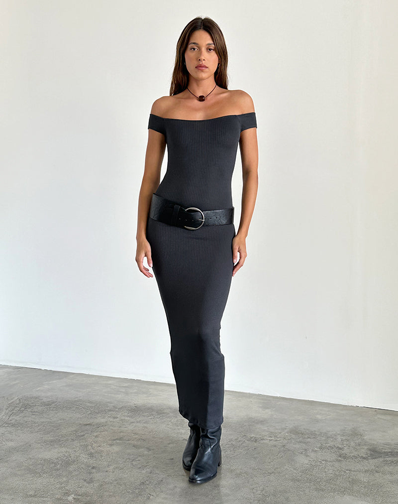 Image of Racha Thick Rib Bardot Maxi Dress in Black Forest