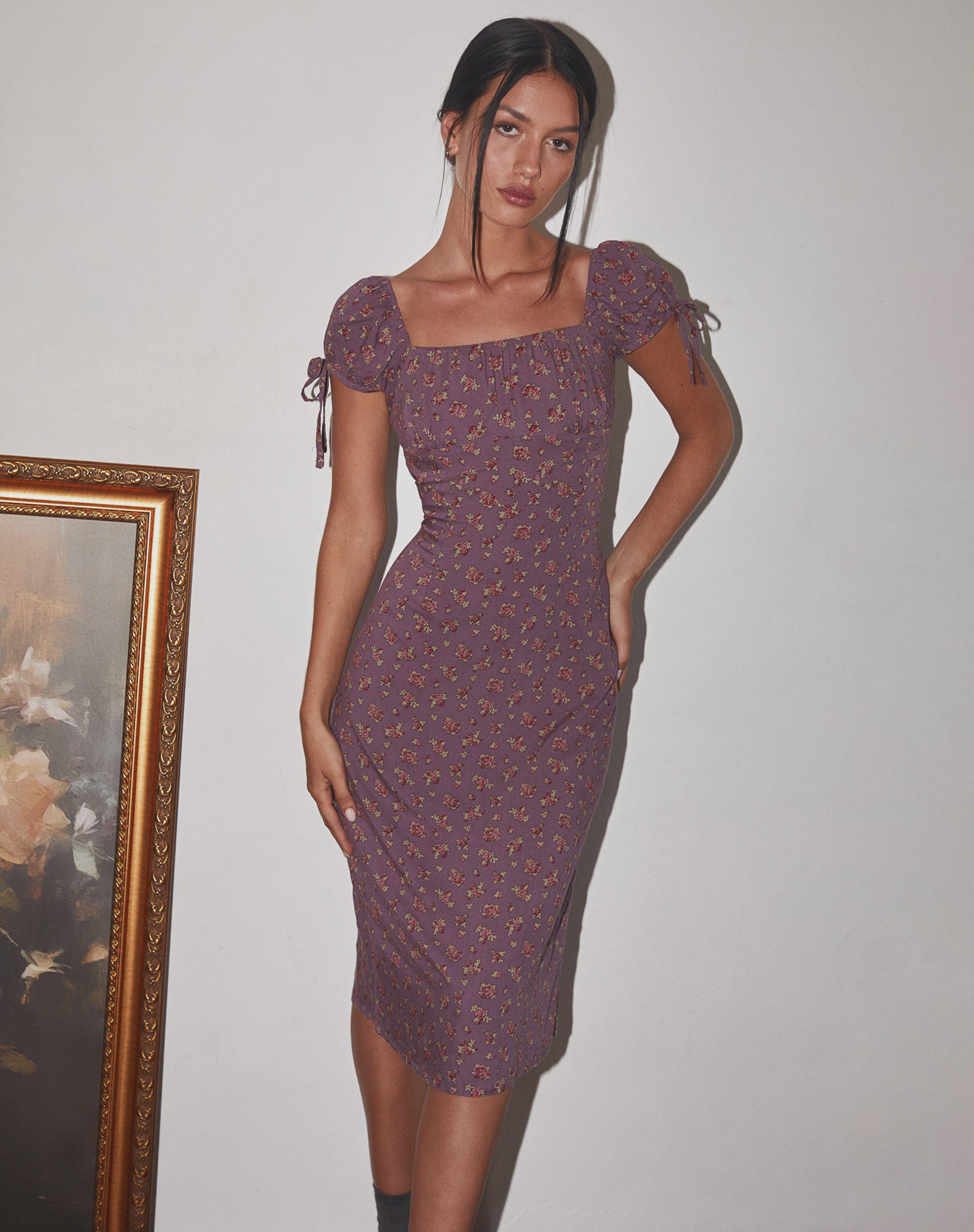 Flowing Rose Deep Purple Midi Dress | Rachana – motelrocks.com