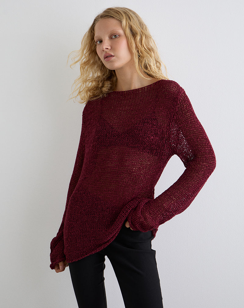 Image of Rajiya Open Weave Jumper in Burgundy