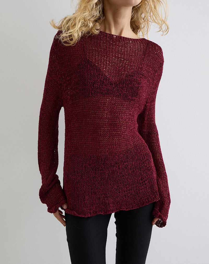 Image of Rajiya Open Weave Jumper in Burgundy