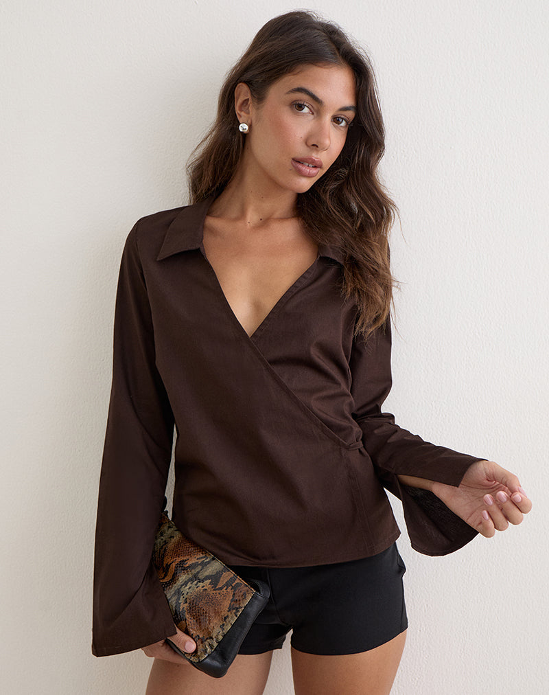 Image of Rakto Wrap Side Shirt in Poplin Bitter Chocolate
