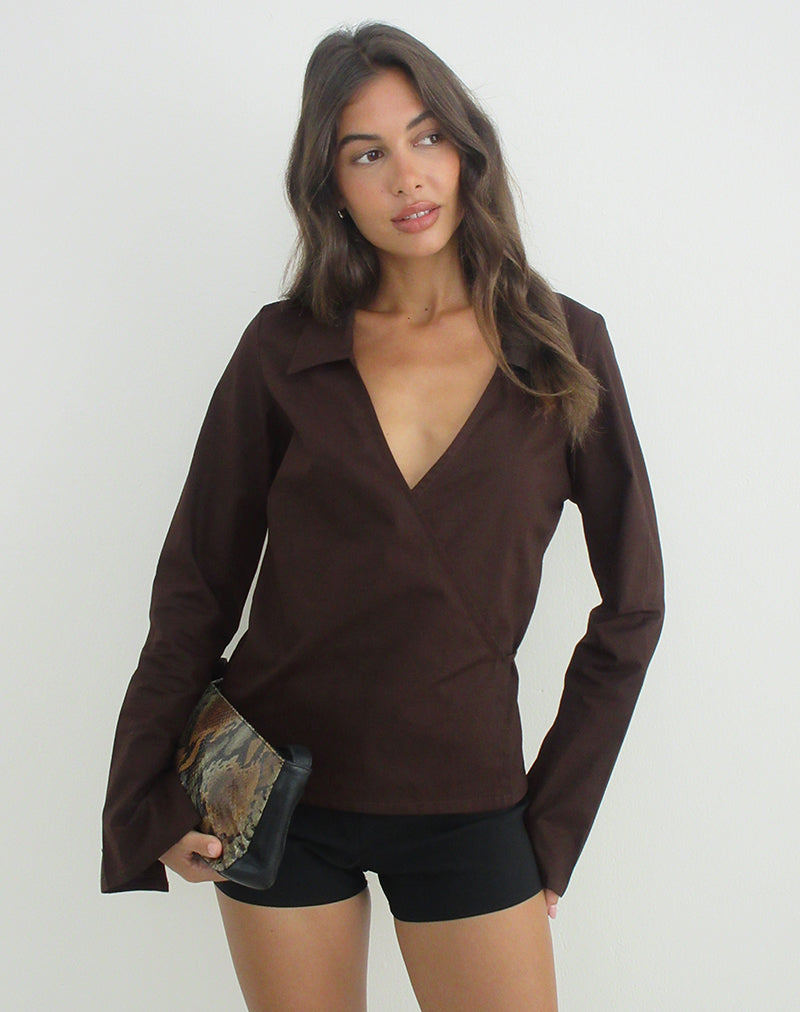 Image of Rakto Wrap Side Shirt in Poplin Bitter Chocolate