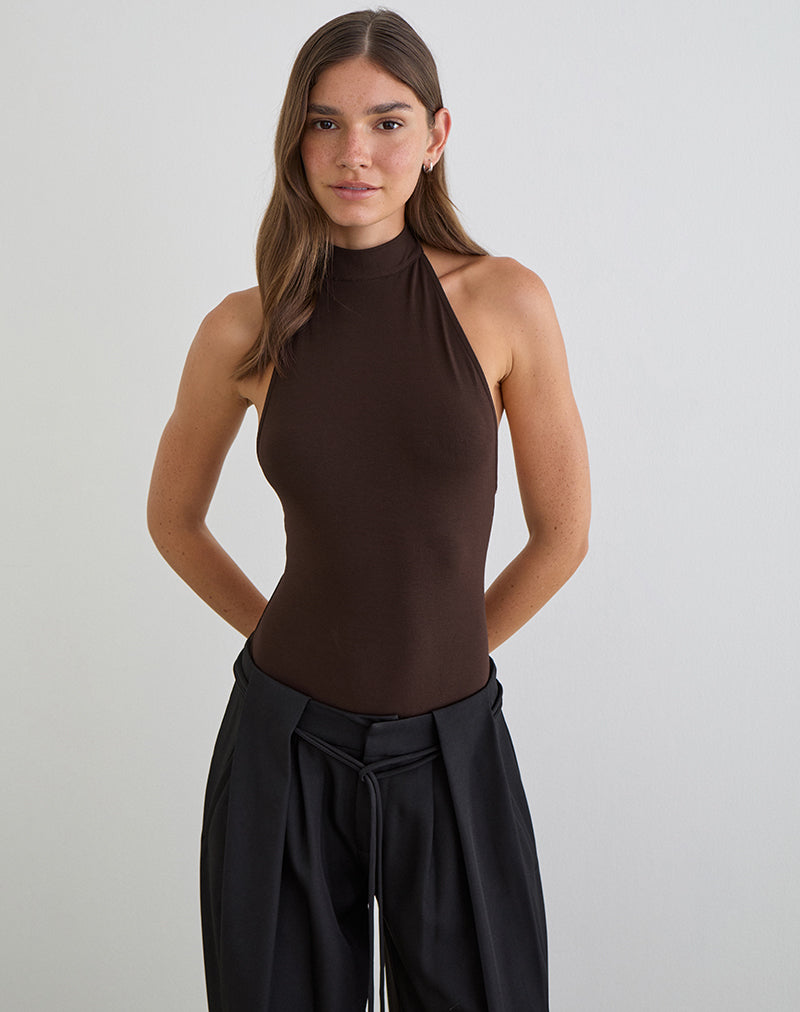 Image of Raleah Halterneck Bodysuit in Jersey Bitter Chocolate
