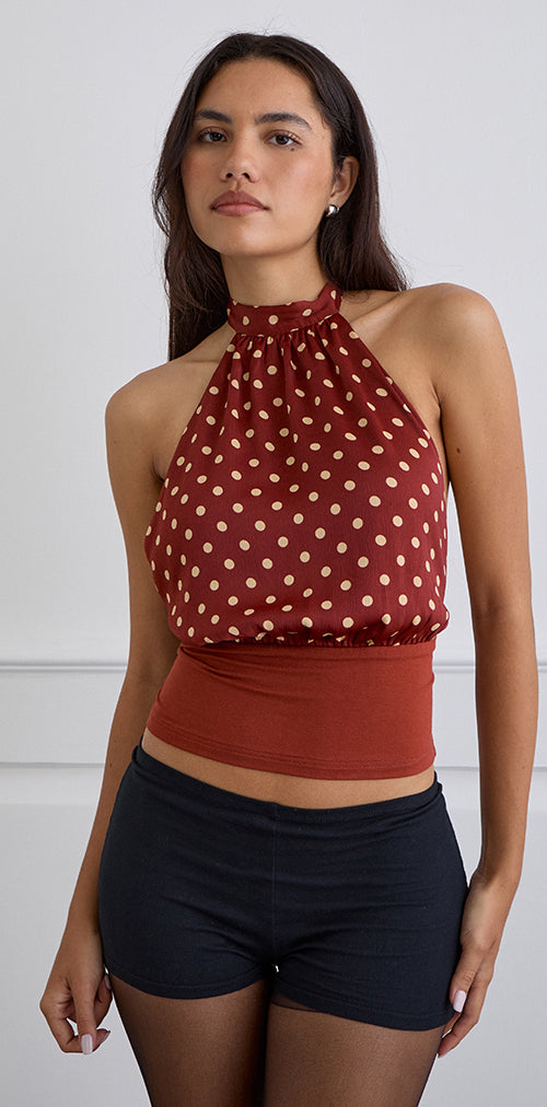 Image of Rania Backless Top in Polka Burnt Red
