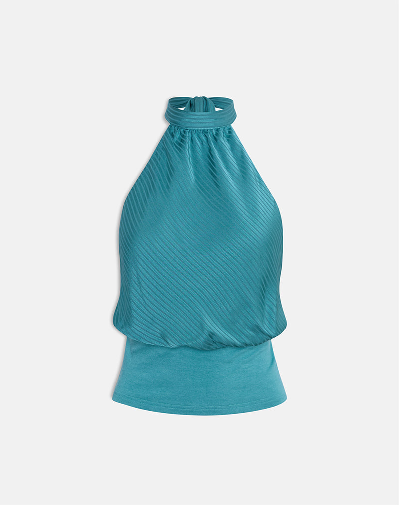 Image of Rania Backless Top in Stripe Satin Teal