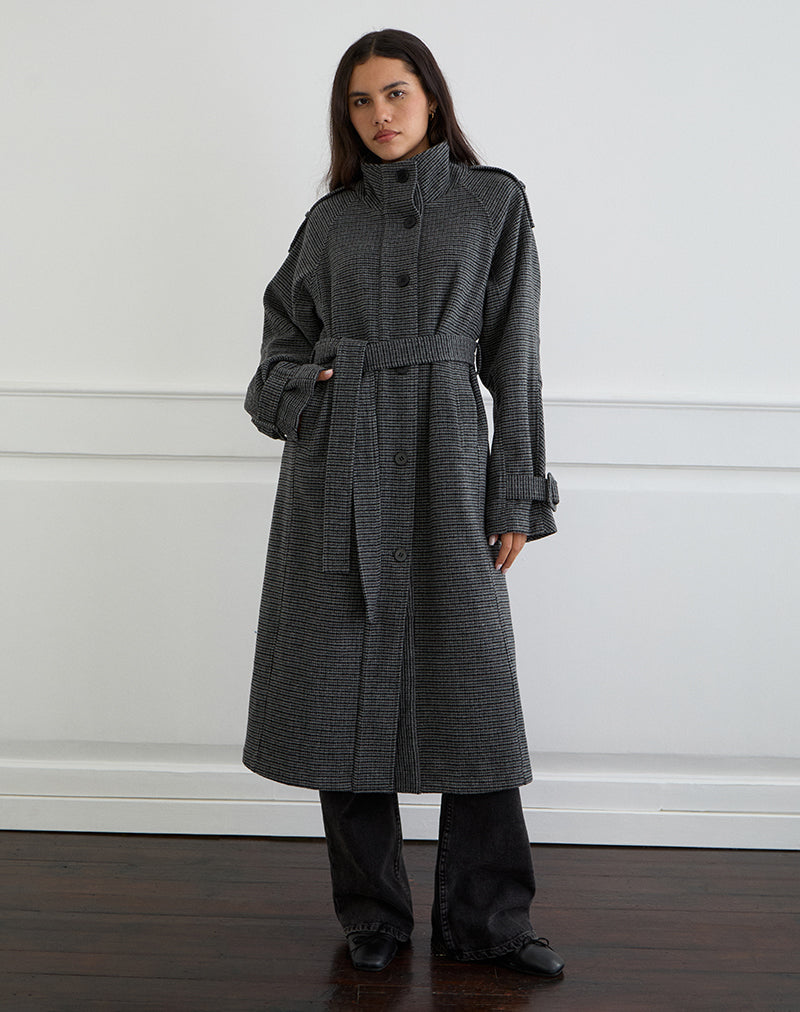 Image of Ravari Belted Trench Coat in Charcoal Check