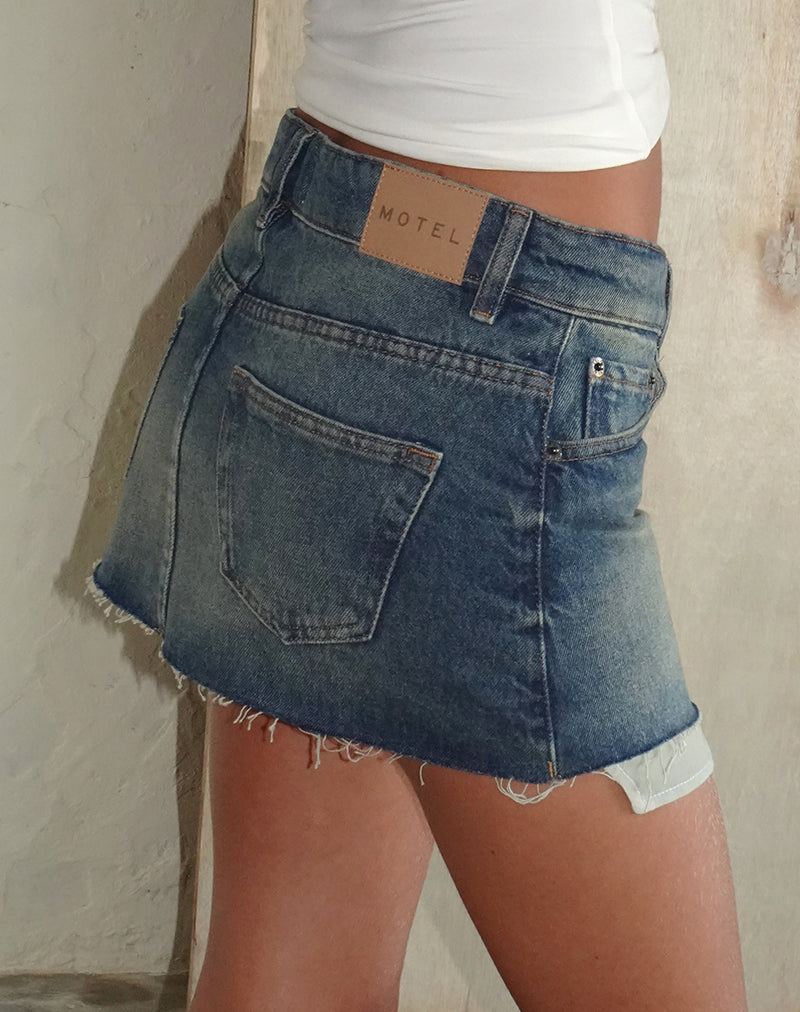 Raw Hem Mini Skirt in Steel Blue with Pockets