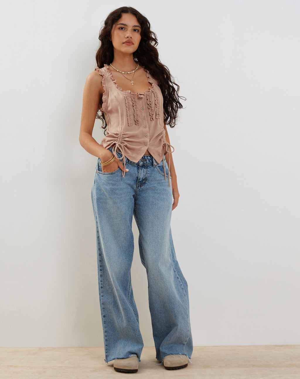 Rayna Ruffle Milkmaid Top in Mushroom