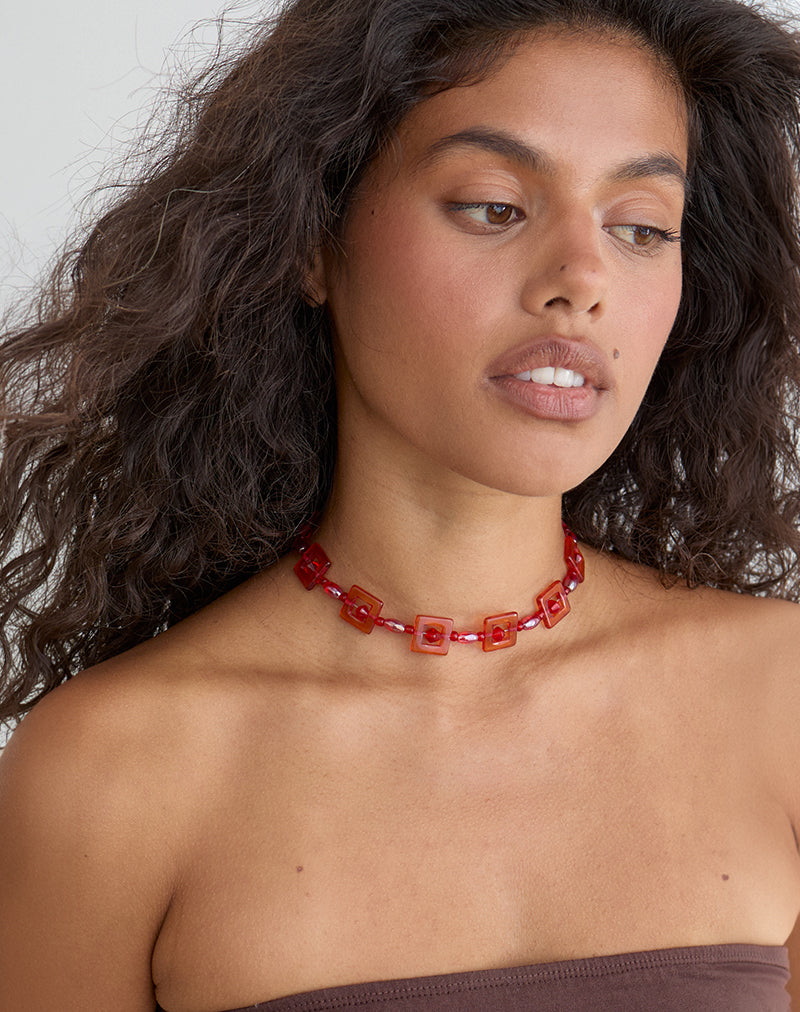 Red and Pink Square Beaded Necklace