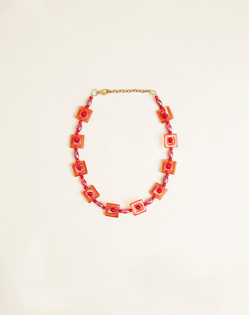 Red and Pink Square Beaded Necklace