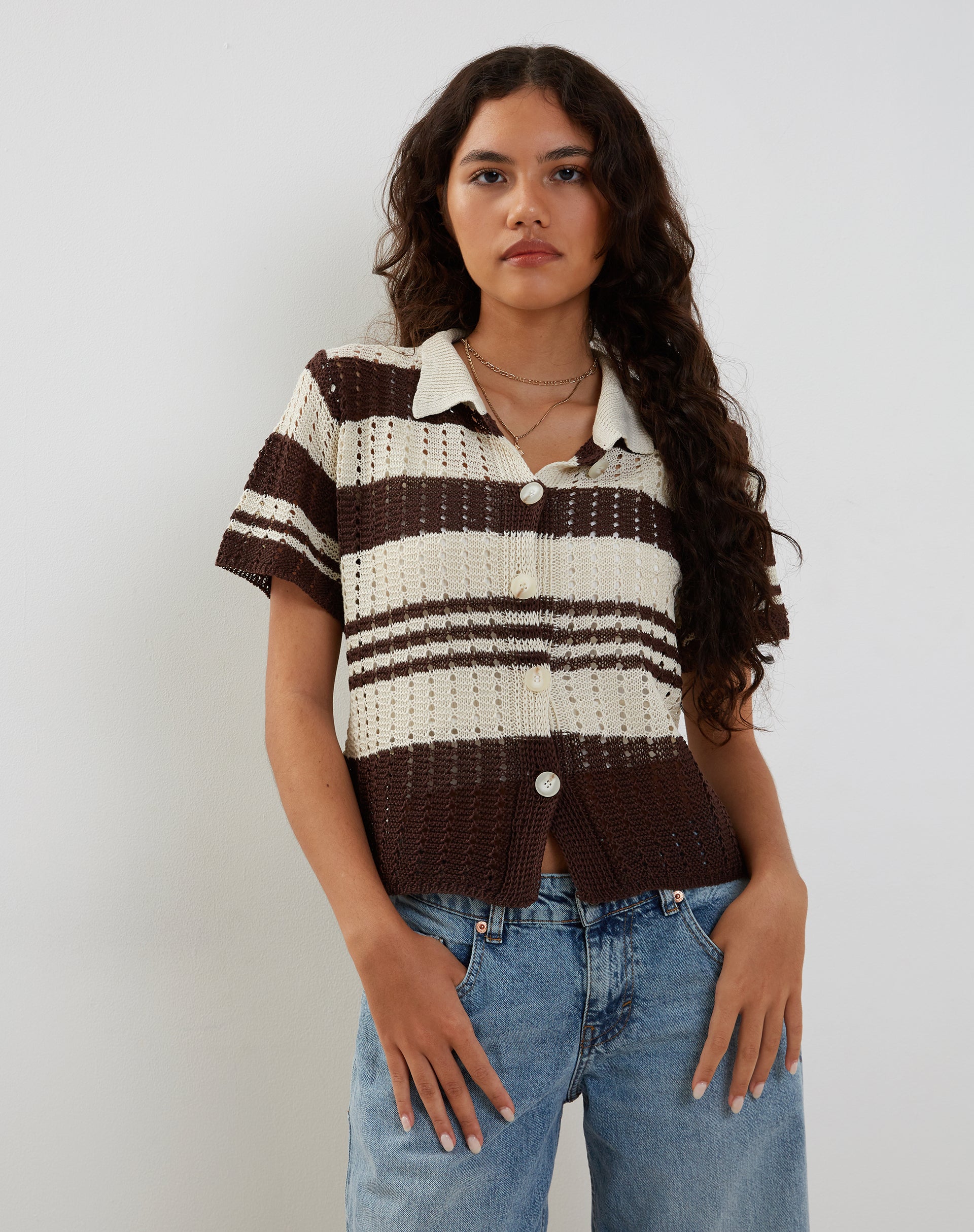 Neutral Stripe Pointelle Knitted Polo Top | Siwi – motelrocks.com