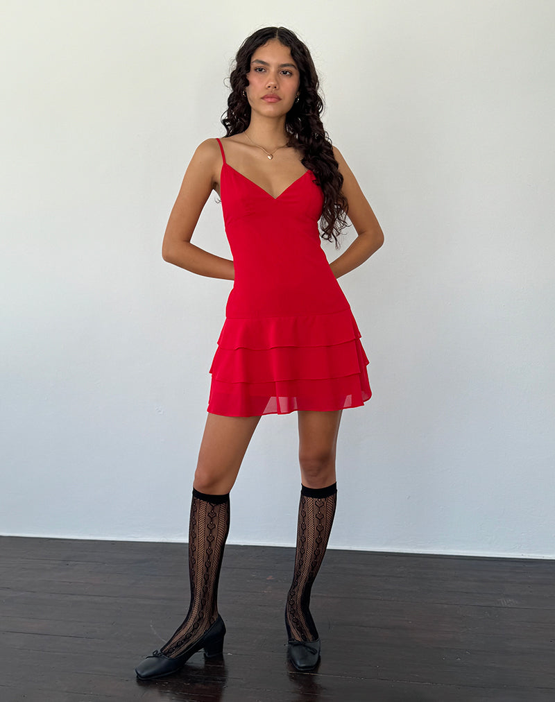 Riasi Ruffle Mini Dress in Chiffon Red