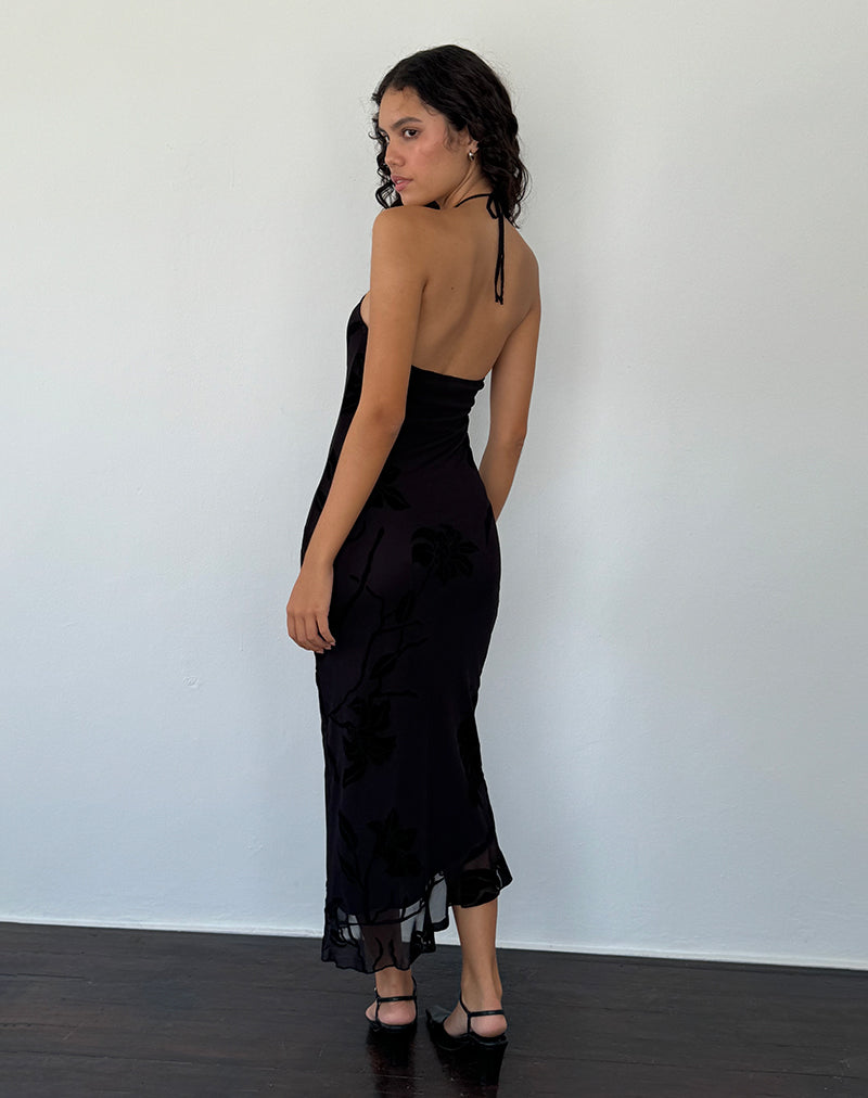 ribka halterneck midi dress in orchids flock black Ribka Halterneck Midi Dress in Orchids Flock Black