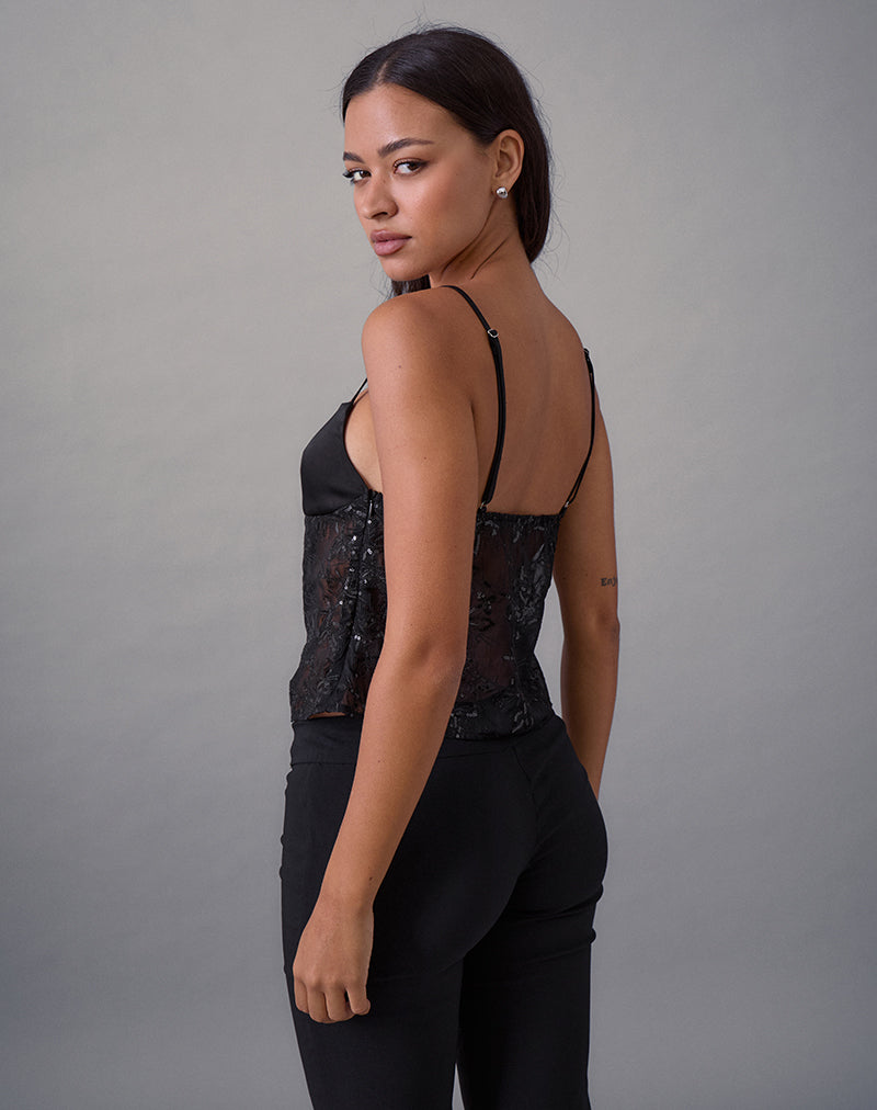 Image of Rikasu Top in Floral Chiffon Sequin Black