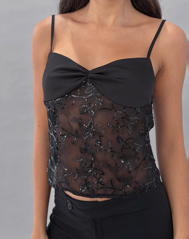 Image of Rikasu Top in Floral Chiffon Sequin Black