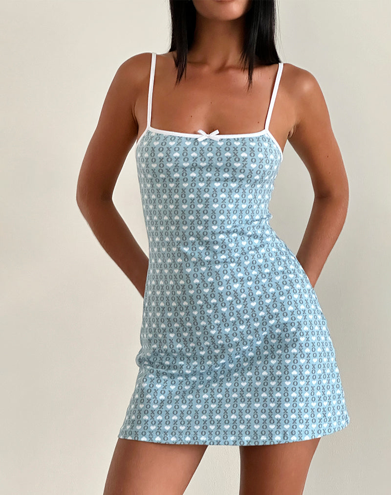 Riniko Mini Dress in Powder Blue XO Heart Print with White Binding