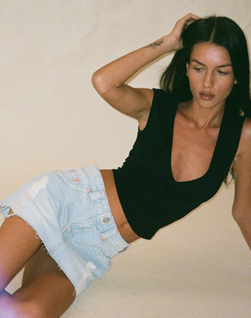 Image of Ripped Raw Hem Denim Mini Skirt in Sky Blue