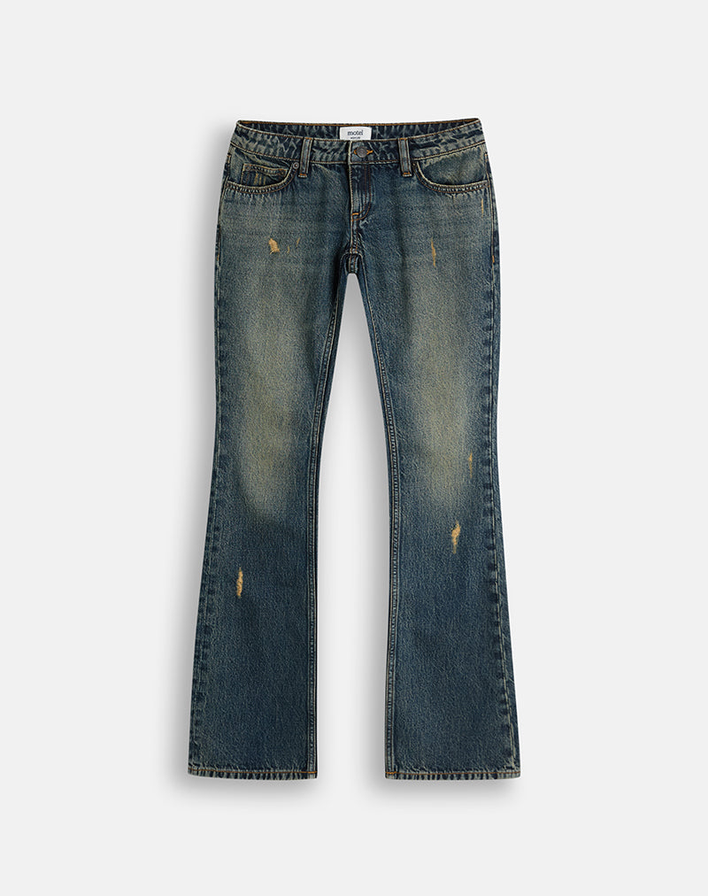 Image of Ripped Ultra Low Rise Flare Jeans in Dirty Green