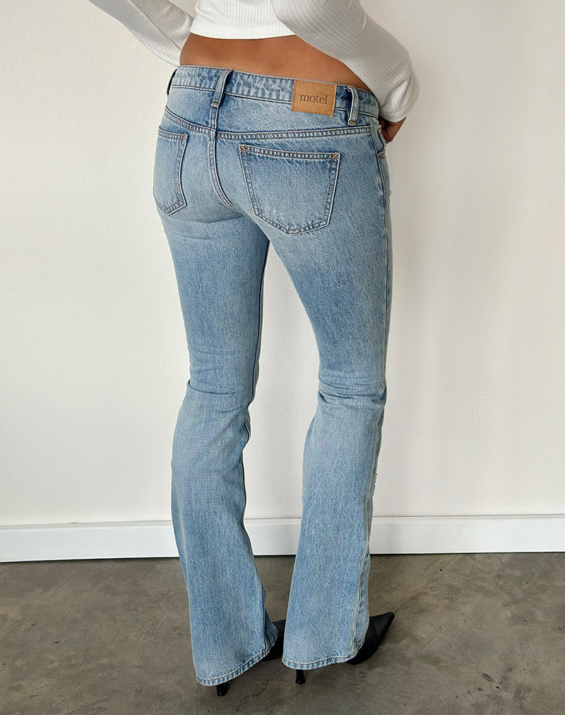 Image of Ripped Ultra Low Rise Flare Jeans in Cloud Blue