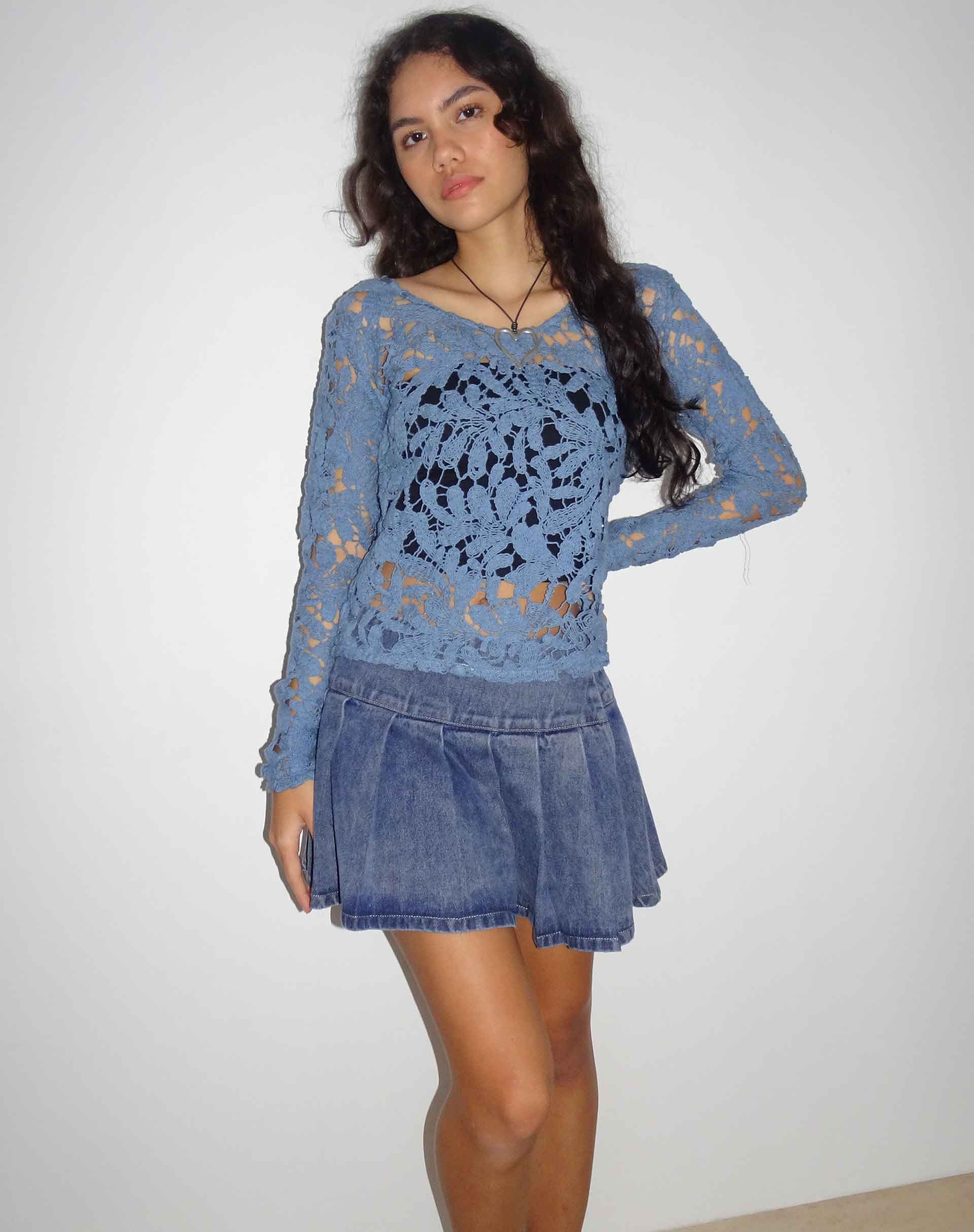 Moonlight Blue Floral Crochet Long Sleeve Top Ripu motelrocks