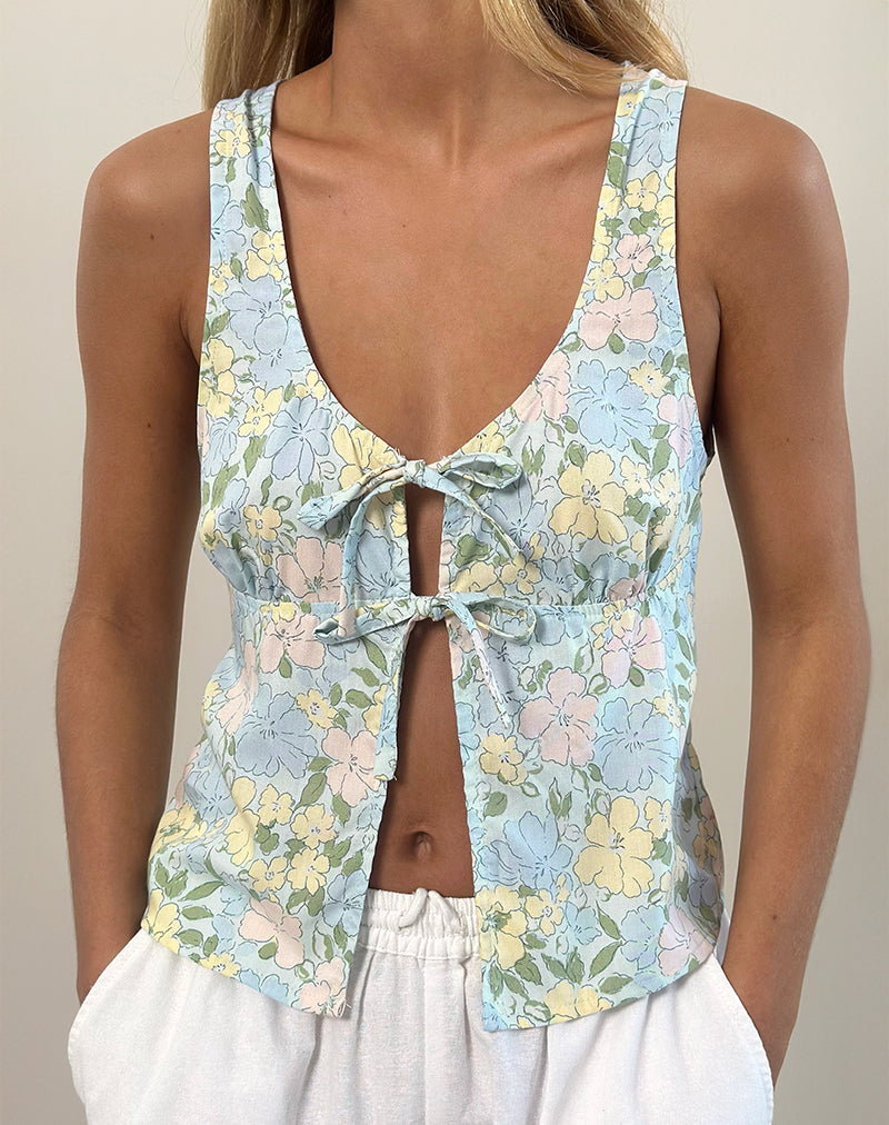 Blue Yellow Orange Pastel Floral Tie Top | Rodite – motelrocks.com