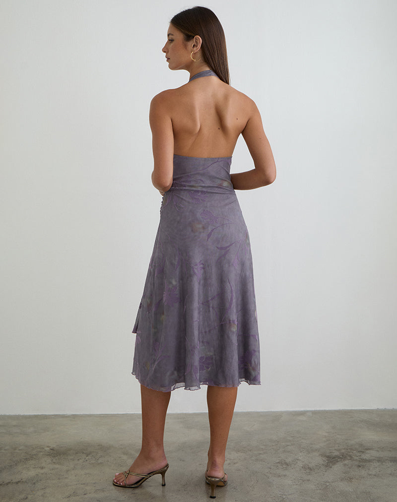 Purple Flare Flower Halterneck Midi Dress