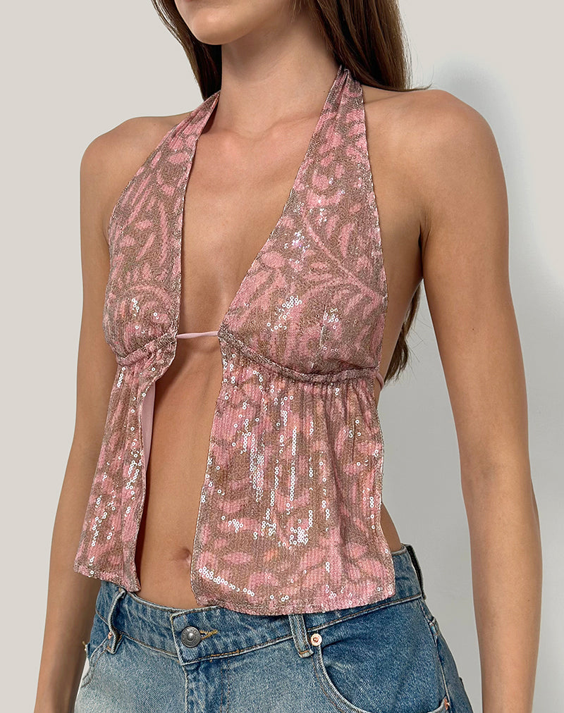 Image of Rokudo Halterneck Top in Boho Batik Sequin Pink