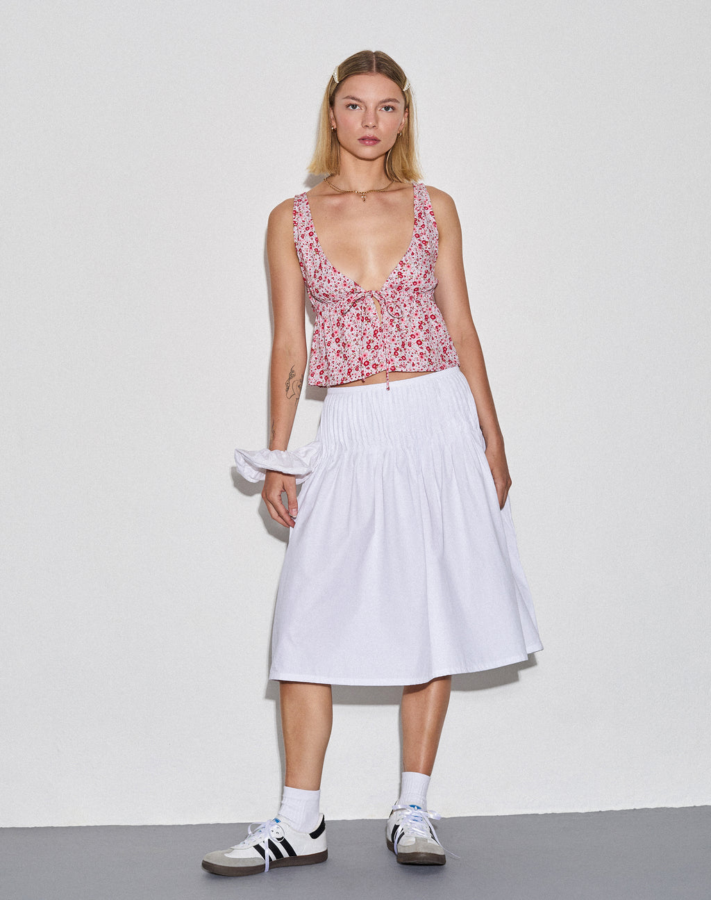 Rolia Tie Front Top in Ditsy Floral Blush Red