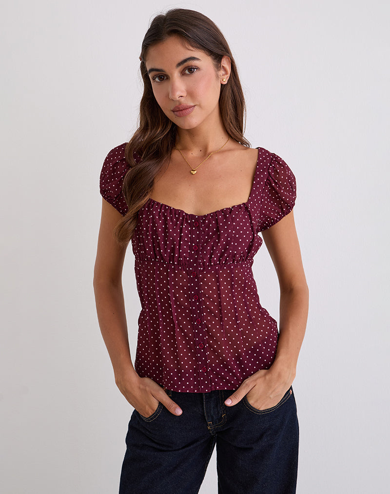 Burgundy Polka Dot Puff Sleeve Blouse | Rolina – motelrocks.com