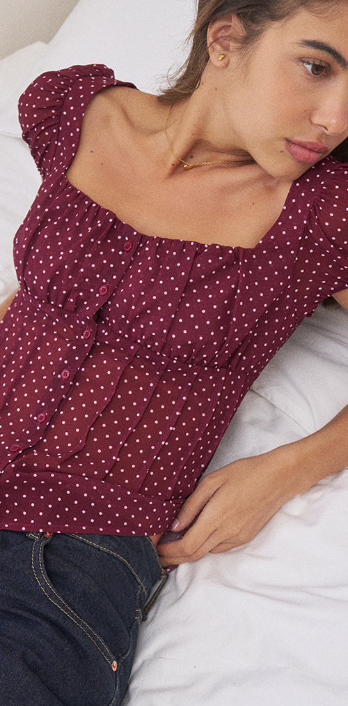 Image of Rolina Blouse in Chiffon Mini Polka Burgundy