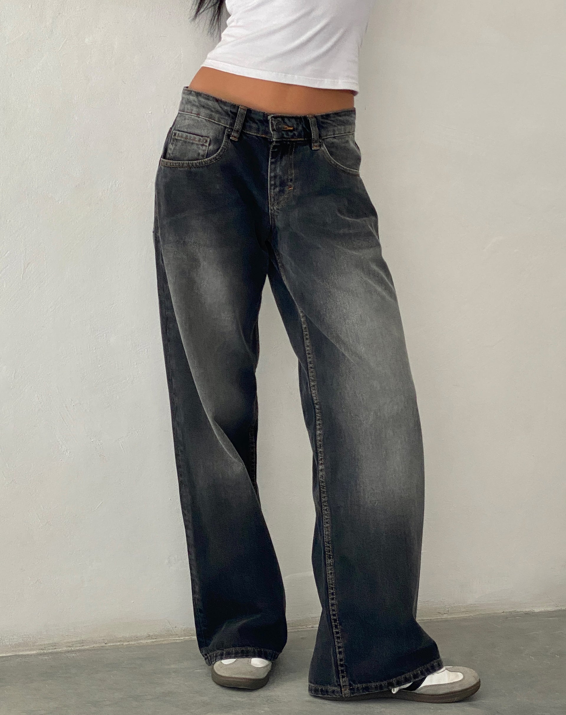 Grey Used Bleach Low Rise Jeans | Roomy – motelrocks.com