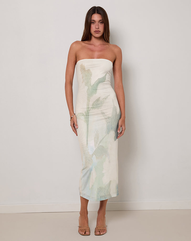 Image of Rosbandi Bandeau Midi Dress in Abstract Painted Flower Blue