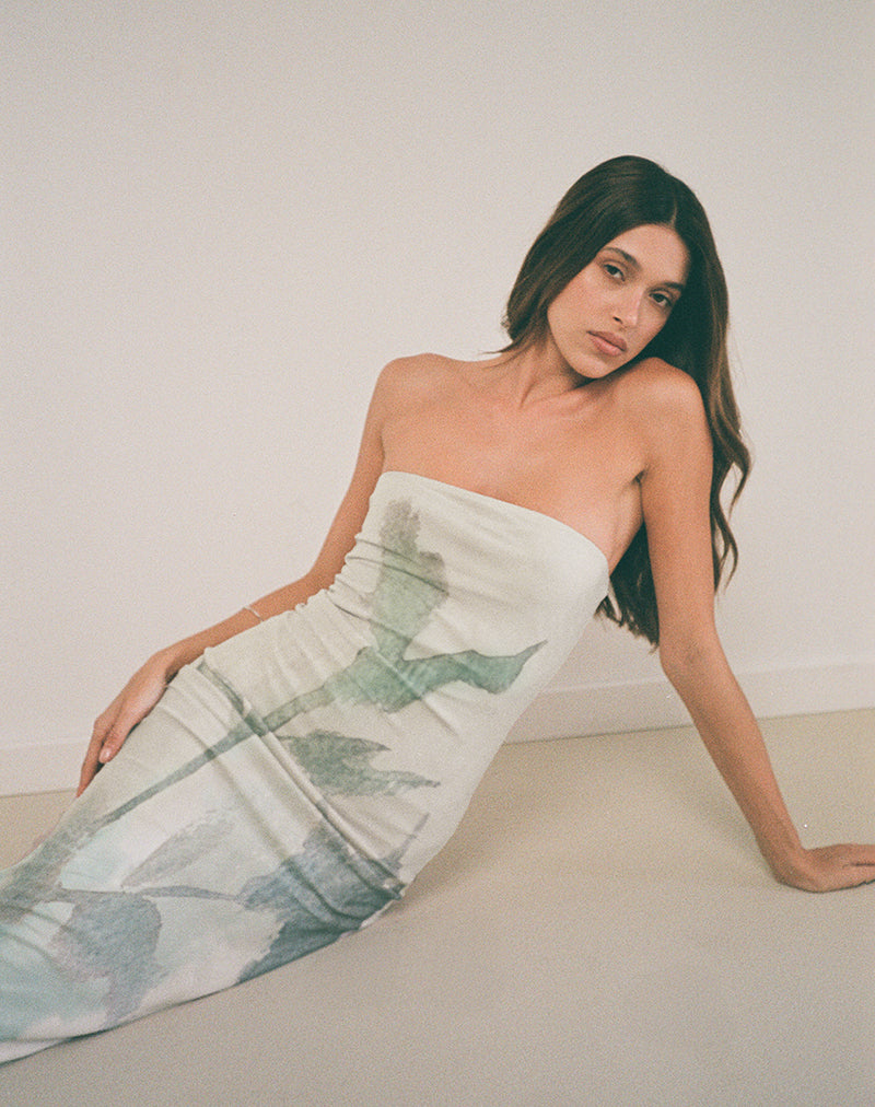 Image of Rosbandi Bandeau Midi Dress in Abstract Painted Flower Blue