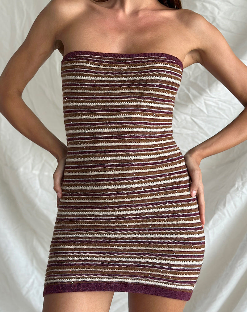 Image of Rosbina Bandeau Mini Dress in Shimmer Stripe Knit Rust