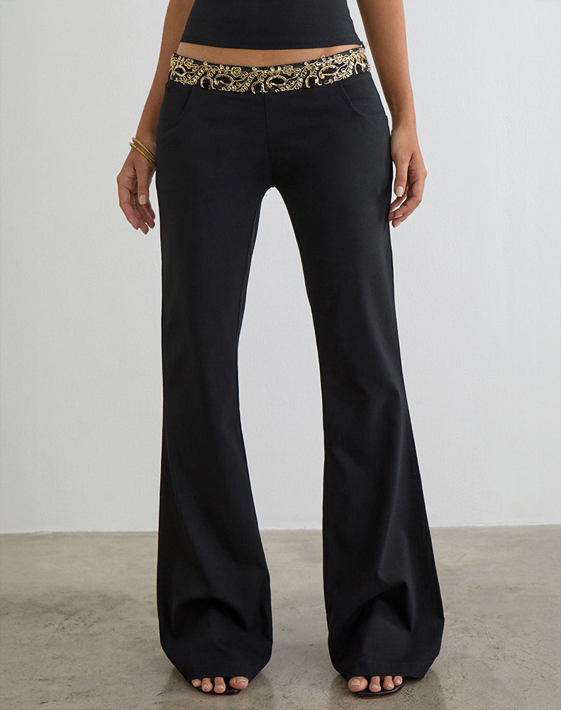 Rosimo Flare Trouser in Black with Embroidered Sequin Trim