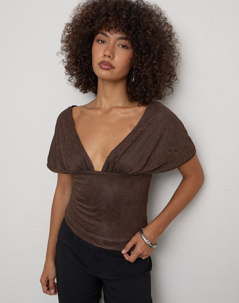 Image of Rovali Top with Tie Back in Lace Chocolate