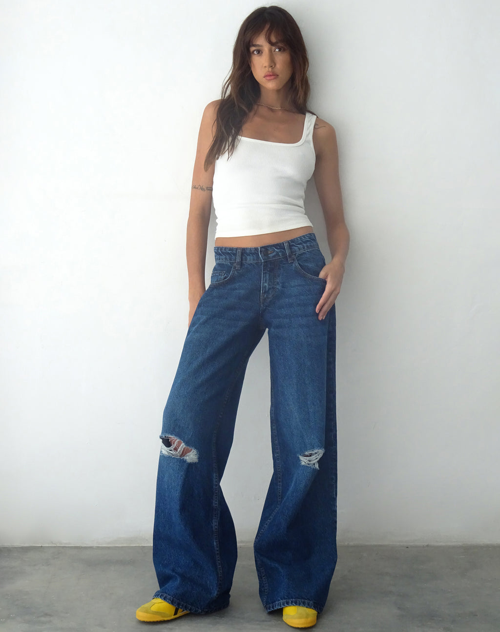 Ripped Roomy Extra Wide Low Rise Jean in Mid Blue Used