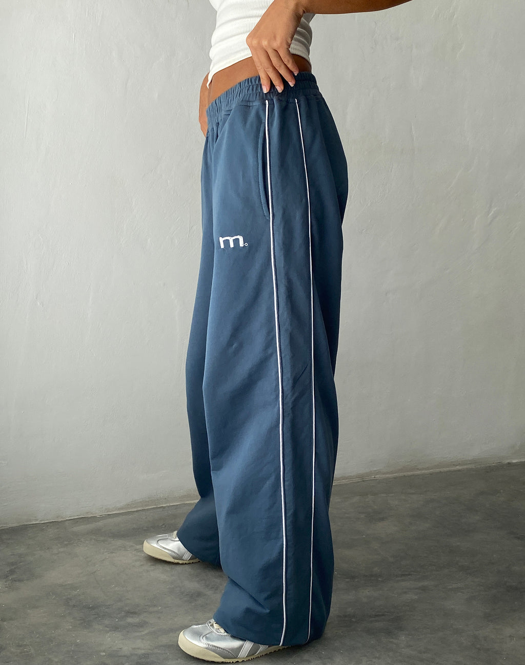 Benton Wide Leg Jogger in Blue with 'M' Embroidery