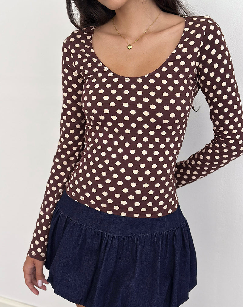 Image of Rumini Long Sleeve Top in Brown with Small Polka Cream