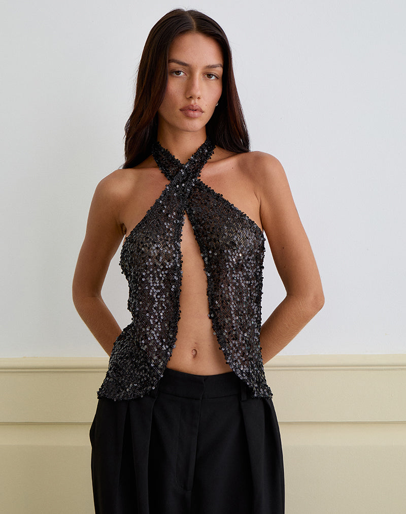 Image of Ruway Unlined Scarf Top in Sequin Black