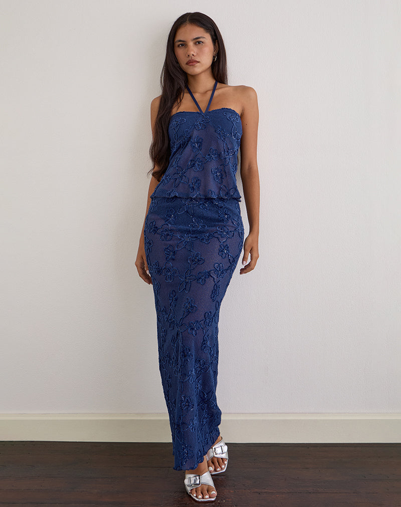 Ruwi Halter Top in Sequin Knit Navy