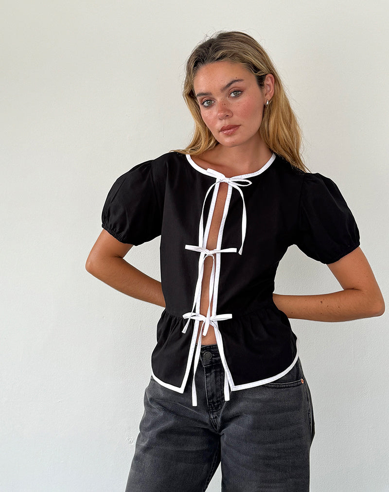 Image of Ryota Tie Front Blouse in Black with White Binding