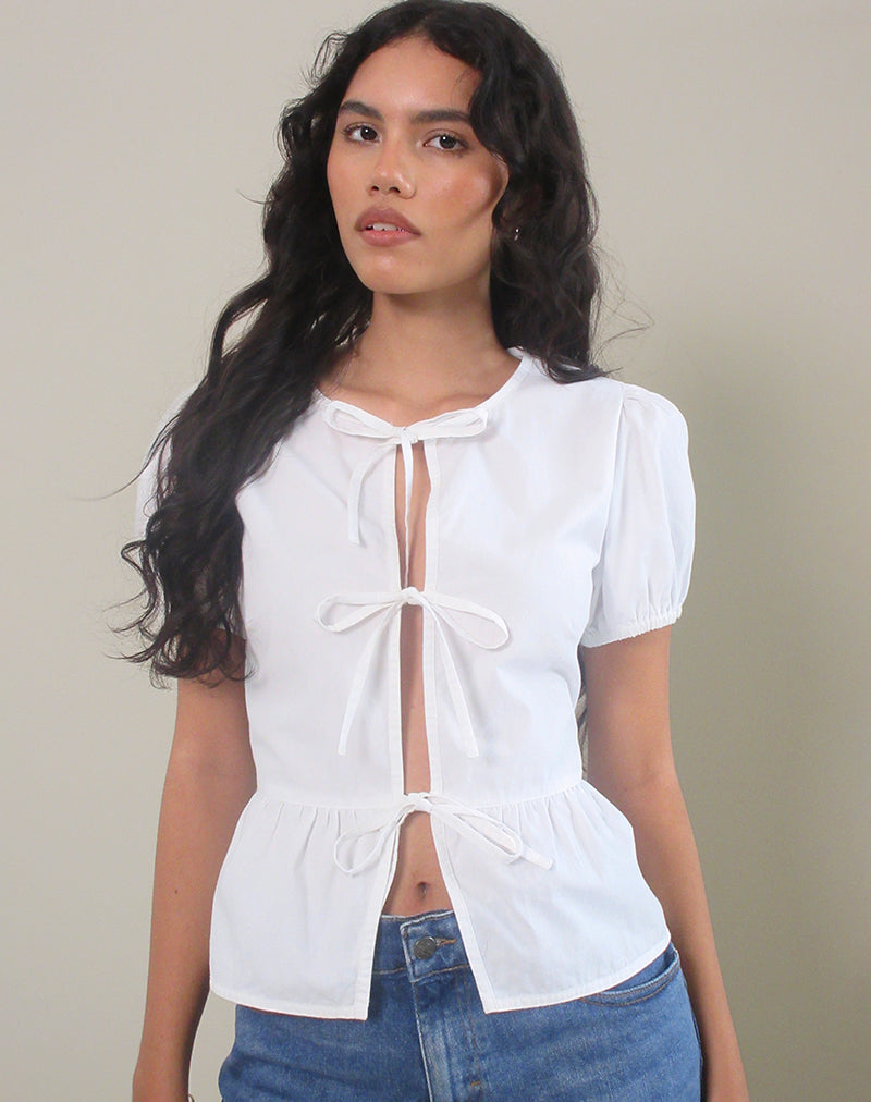 image of Ryota Tie Front Blouse in White with White Binding